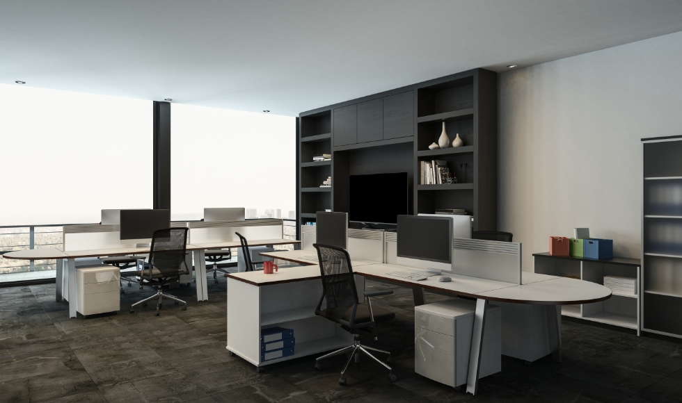 官公庁・法人向けに、事務用品や設備機器の販売と内外装・清掃など役務提供を行うサービスのイメージ